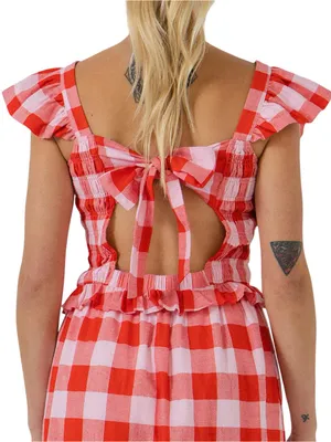 English Factory Gingham Smocked Ruffle Crop Top sz M thumbnail 2