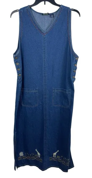 VTG 90s M.P.H. Blues Denim Jumper Dress L Embroidered Animals Safari Pockets NWT thumbnail 1