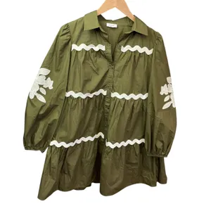Olive Green Cotton Tiered Mini Dress Floral Embroidery‎ Ric Rac ID17203 Womens thumbnail 7