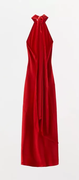 Zara Elegant Red Halter Neck Dress gown satin scarf shawl evening cocktail wedding thumbnail 5