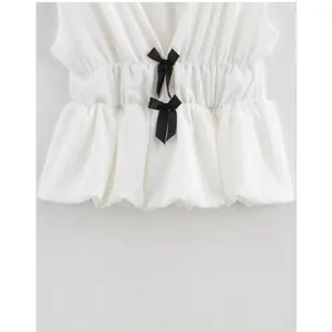NEW White V Neck Sleeveless Bow Plisse Shirt Tank Top thumbnail 4