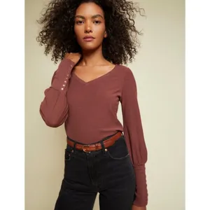 Nation LTD Womens Mahogany Brown Slub Cotton V-Neck Puff Sleeve Top Gold Snaps S thumbnail 8