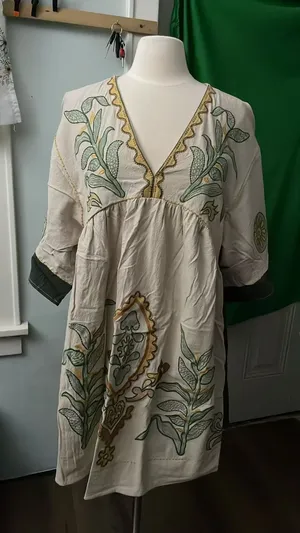 Womens Oversized Embroidered Dress with V-Neck and 3/4 Sleeves Vintage Embroidery Babydoll Dress thumbnail 6