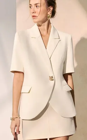 NWT Commense Metal Detail Short-Sleeve Blazer Cream Gold S thumbnail 1