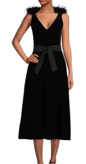 A Loves A Black Velvet V-Neck Midi Dress Feather Shoulder‎ Trim S Glam No Belt thumbnail 1
