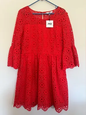 NWT‎ JACK BB Dakota Fit Flare Eyelet Dress Poppy Red Lined Bell Sleeve Size 10 thumbnail 1