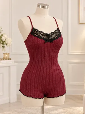 Crimson Ribbed Lace Butterfly Back Lounge Romper Sleepwear NWT Size Small thumbnail 4