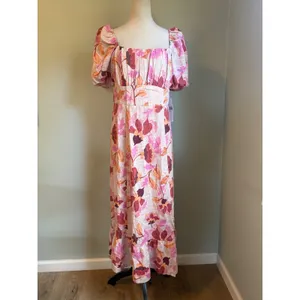 London Times Floral Linen Puff Midi Dress Pink 10 Boho resort whimsigoth cottage dainty roman thumbnail 2
