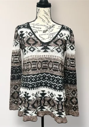 Free People S Brown Cream Alpaca‎ Wool Blend V Neck Pullover Sweater Boho Nordic thumbnail 1