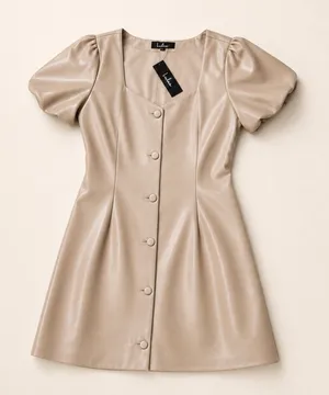 Lulus Beige Faux Leather Puff Sleeve Button Front Mini Dress thumbnail 1