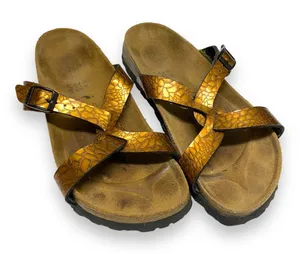 Birkenstock Birki's Sandals Sz 38‎ 7 5 Copper Bronze Snakeskin Print Shoes thumbnail 1