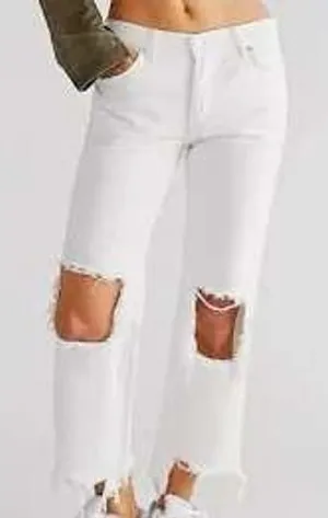 Free People Jeans Women 25 White Straight‎ Leg We Denim Raw Hem Distressed thumbnail 1