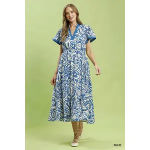 Umgee Paisley Print Midi Dress with Side Pockets - Blue - Small thumbnail 5