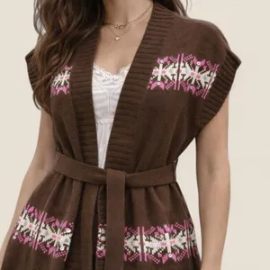 Brown vest | Boho Western Fair Isle Belted Cardigan Cottagecore Layering thumbnail 2
