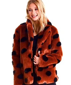 ICHI GINGERBREAD BROWN Faux Fur Coat With Abstract Accents Sz 40 Large NWT thumbnail 10