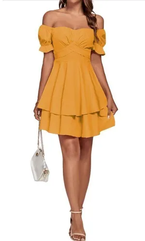 NEW Tie Back Off Shoulder Wrap Layer Ruffle Short Sleeve Mini Dress M thumbnail 3