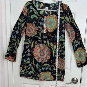 Athleta Women's Size M‎ Black Floral Silk Tunic Top Shirt Boho Resort thumbnail 3