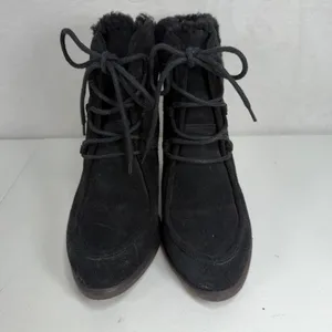 UGG 10 Analise Ankle Boots Black Suede Shearling Lace Up Stacked Heel Booties thumbnail 4