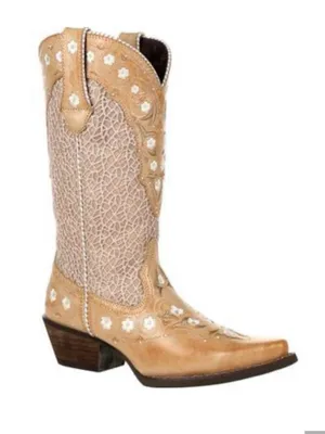 Durango cowboy boots tan leather white lace-like shaft floral thumbnail 1