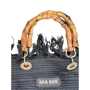 Mia Gypsy Bag Black Woven Tote Fringed Bamboo Handle Boho Handbag thumbnail 2