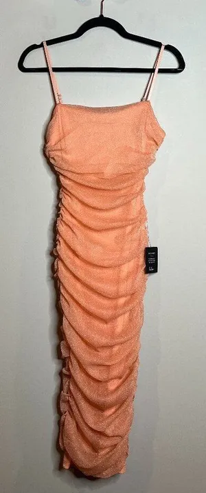 NWT Lulu's Here to Dazzle Coral Metallic Ruched Mesh Bodycon Midi Dress thumbnail 1