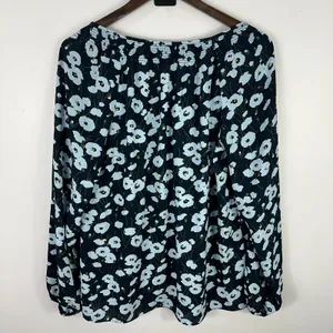 Jones New York Women Blouse M Blue Floral Smocked Neck Romantic‎ Cottage Retro thumbnail 6