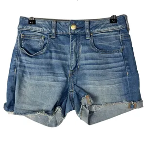 American Eagle AEO Light Blue Wash Hi Rise Shortie Denim Shorts 2‎ thumbnail 1