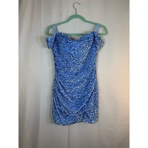 Womens Blue Sequin Ruched Bodycon Mini Dress Sweetheart Off Shoulder thumbnail 3