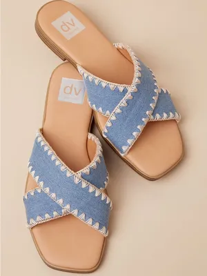 DV by Dolce Vita Light Blue Denim Cross-Strap Slide Sandals with Cream Stitching thumbnail 1