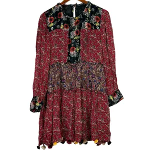 Zara Floral Patchwork Tiered Pompom Semi Sheer Peasant Mini Dress M Black Red thumbnail 2