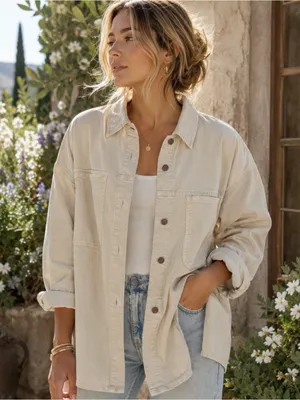 Marine Layer Molly OversizedShirt Jacket Stone Beige Xsmall New Shacket $168 thumbnail 1