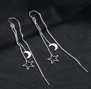 Silver Moon Star Threader Long Tassel Earring Chain, Drop Dangle Woman Earrings thumbnail 6