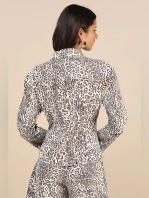 NEW Lioness Rider Seamed Denim Jacket in Beige Leopard Fade Print - Size L thumbnail 2