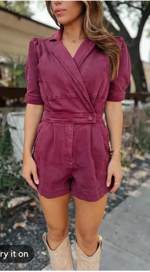 New With Tags Burgundy Day + Moon Stretch Denim Romper Sz M thumbnail 1