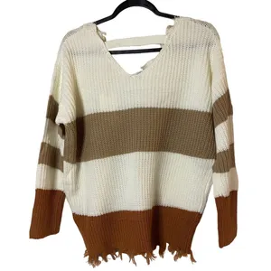 Moon & Madison Women's Striped‎ Distressed V-Neck Pullover Sweater Size XS thumbnail 6