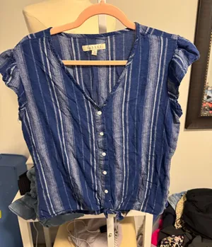 Harper Navy and White Striped Button-Front Tie-Hem Top thumbnail 1