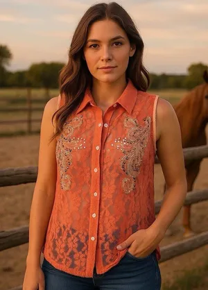 Y2K Miss Me Boho‎ Rhinestone Lace Button up Blouse Cottagecore Rodeo Country L thumbnail 1