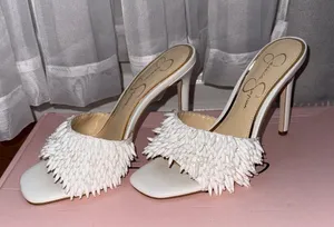 Jessica Simpson White Fringe Olya Sandal heel thumbnail 3