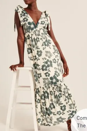 Abercrombie | Tie-Strap Floral Babydoll Midi Dress Green thumbnail 1
