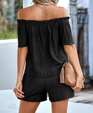 Boutique Textured Off Shoulder Top with Shorts Elodie Set thumbnail 2