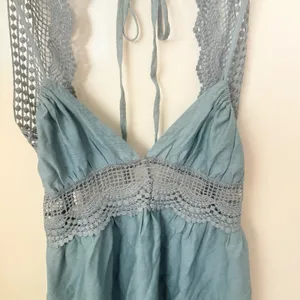Boho Prairie Dusty Blue Crochet Backless Western Party Mini Ruffle Hem Dress M thumbnail 7