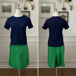 Vintage 2pc Vintage 70s A-Line Mini Skort Navy Short Sleeve Textured Tshirt XS thumbnail 2