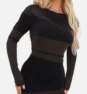 EGO CONTRAST SHEER KNIT FLUFFY Body con mini dress black small thumbnail 1