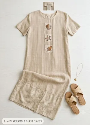 Vintage 90s Coastal‎ Linen Seashell Maxi Dress Tan thumbnail 1