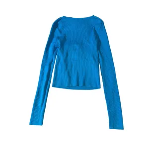 NWOT Zara Size Medium Long Sleeve Blue‎ Ribbed Cross Knot Cropped Top Y2K thumbnail 5