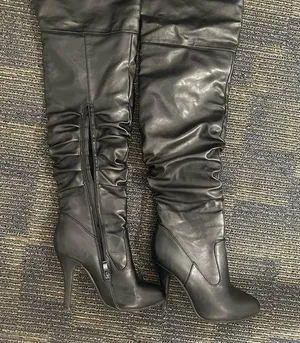 Black thigh high boots with small stiletto heel thumbnail 1