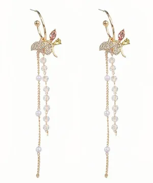 Gold Butterfly Crystal Pearl Long Tassel Dangle Drop Earrings for Women thumbnail 2