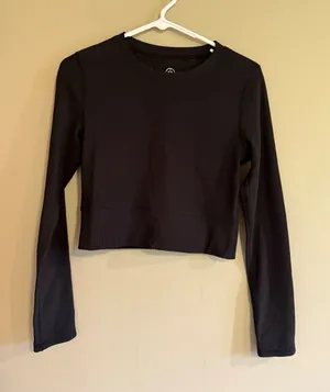 Move Theology‎ Womens Black Ribbed Long Sleeve Crop Top Activewear Gym Shirt M thumbnail 1