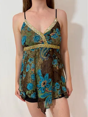 Y2K Floral Gold Embellished Brown and Blue Fairy Cami Tank Top thumbnail 3