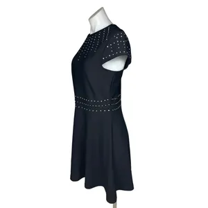 H&M Black Cap Sleeve Crew Studded Rhinestone A Line Fit & Flare Mini Dress Sz M thumbnail 3
